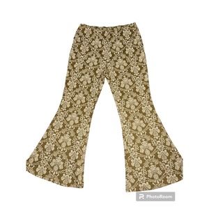 Cato Pants Womens L Green & White Floral Bell Bottoms Elastic Waist